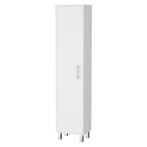 FUCIHOMA Tall Storage Cabinet Slim Broom Closet with Single Door 5-Tier Cabinet 3 Broom Hangers Modern White Melamine Finish