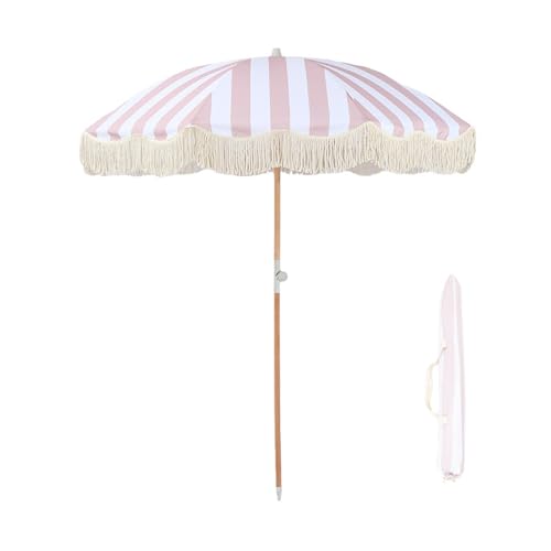 6.6FT Striped Patio Umbrella with B Wood e Tilt and Frin for Garden Backyard Terrace – Slish Outdoor Sune & Parasol