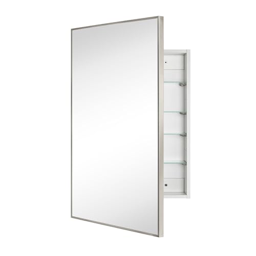 Image of TEHOME 24'' x 30'' Brushed Nickel Recessed and Surface Mount Bathroom Nickel Medicine Cabinet with Mirror Square Cornered Metal Framed Rounded Rectangle Medicine Cabinet Mirror