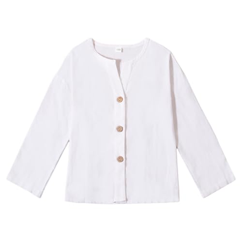 Chicos Lino Manga Corta Frente Abierto Cardigan Top Transpirable Cómodo Casual Niños Primavera Otoño Camisa, Blanco, 10-12 años