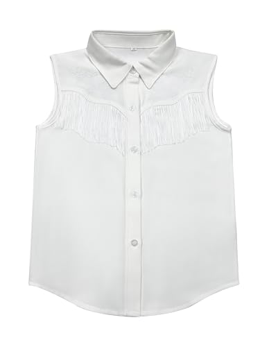 Image of Girls Fringe Shirt Sleeveless Button Down Western Cowgirl Tassel Trim Casual Blouse Shirt Top 4-13Y