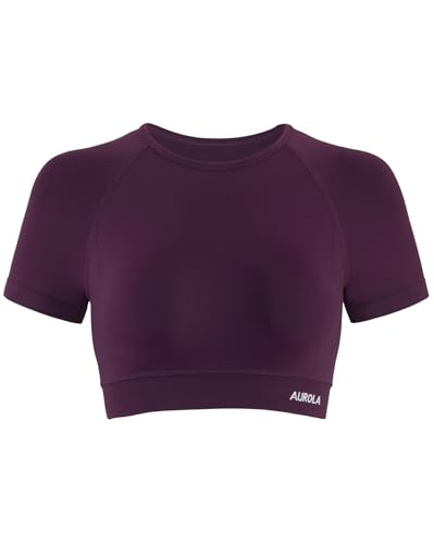 Image of AUROLA Influence Women Crop Top Short Sleeve Compression Workout T-Shirt | Raglan Short Sleeve Crop Top, High-Stretch Seamless Knit, Stay-Put Ribbed Underband, Soft Breathable Comfort
