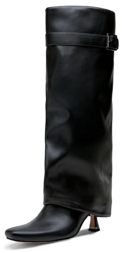 Vepose Knee High Tall Long Boots for Women Square Toe Fold Over Fashion Kitten Heel Faux Leather 9527 Boots Black Size 8.5 US with Buckle Inside Zipper Botas altas Mujer (CJY9527 Black 08.5)