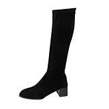 Invierno Estilo Británico Vaca Tubo Largo Delgado Botas Francesas Cremallera Espalda Tacón Grueso Botas Largas Para Las Mujeres, Negro , 37 EU