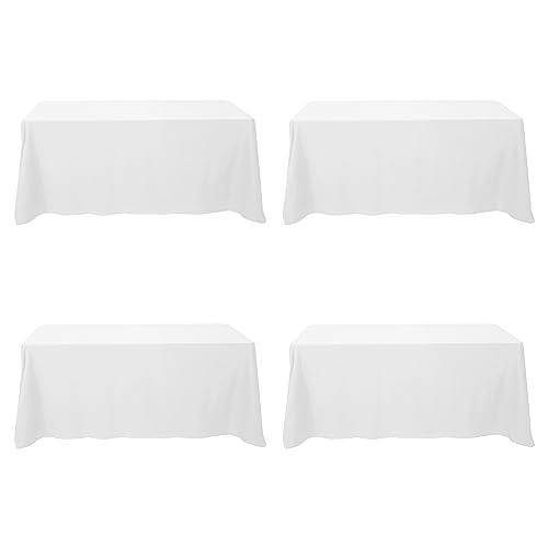 Image of BRILLMAX 4 Pack White Tablecloths 90 x 132 Inch for 6ft Rectangle Tables - 150 GSM Polyester Fabric, Floor Length Drop, Water, Stain & Wrinkle Resistant Cloth Cover for Wedding Reception Banquet