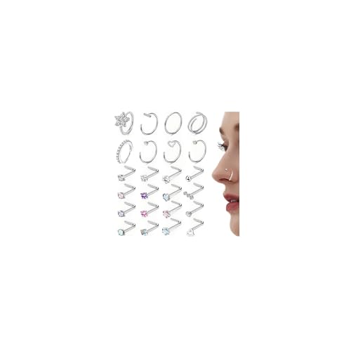 20G Stainless Steel Nose Rings, L Shaped Nose Studs and Nose Rings Hoops, Cute Heart Square CZ Nose Screw Piercing Jewelry Silver Gold For Women