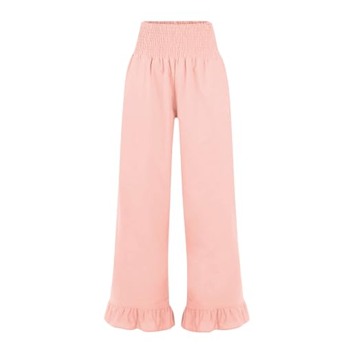 Image of Palazzo Pants for Women Linen Smocked Elastic Waist Ruffle Wide Leg Pants Summer Beach Flowy Boho Pant with Pockets