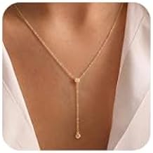 Tewiky Lariat Necklace for Women, Dainty Gold Long Necklaces 14k Gold Plated Heart Pearl CZ Teardrop Pendant Necklace Simple Drop Necklace Trendy Y Necklace Fashion Jewelry for Women