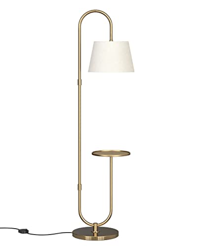 Divine Trends Modern Table Shelf LED Floor Lamp Standing Brass Antique Finish Gold 5ft Height with Shelf Diameter 10 Inches and Off White Lampshade (Pack of 1)