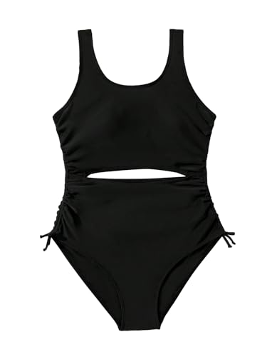OYOANGLE Girl's Cut Out Drawstring Side One Piece Swimsuit Sleeveless Scoop Neck Bathing Suit Swimwear