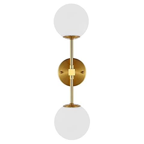 BAODEN Modern Wall Sconce 2-Lights Industrial Mid Century Bathroom Vanity Wall Light with White Globe Glass Lampshade Brushed Brass Finished Lighting Fixture (Gold Color) Cover