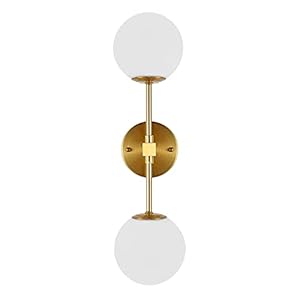 BAODEN Modern Wall Sconce 2-Lights Industrial Mid Century Bathroom Vanity Wall Light with White Globe Glass Lampshade Brushed Brass Finished Lighting Fixture (Gold Color)