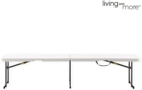 Living and More 6 Foot Fold-in-Half Bench with Carrying Handle, Easy Folding and Transport, Indoor/Outdoor Use, Sturdy Steel Frame, 72"D x 11.5"W x 16.3"H, White