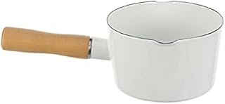 frying pan Ceramics Milk Pot with Wooden Handle Enamel Milk Pan Butter Warmer Saucepan Pan Bowl Serving Bowl Spouted Pan Soup Pot for Home Kitchen (White)