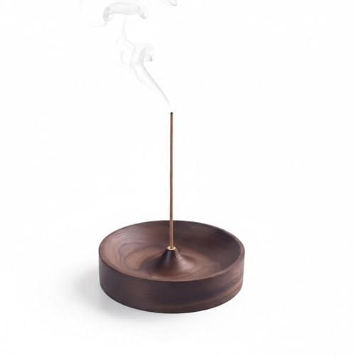 Black Walnut Incense Holder for Sticks - Natural Wood Incense Burner with Ash Catcher Bowl - Minimalist Home Decor for Meditation Yoga Office & Zen Room (Round 3.5 Inch/9cm) (1 pack)