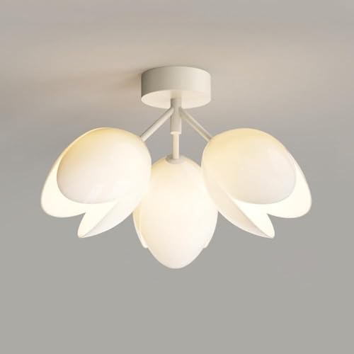Grand lustre de plafond design fleur blanc à 3 branches style Mid-Century pour chambre à coucher
