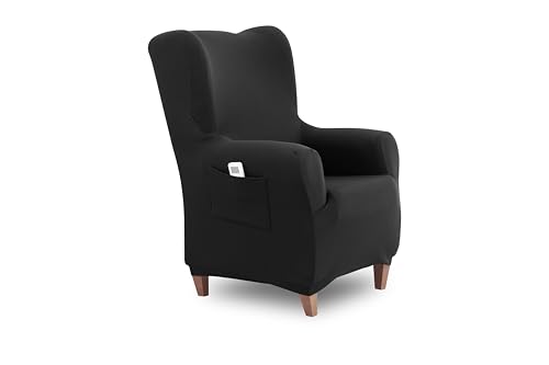 Textilhome Funda de Sillón Orejero Elástico TEIDE, 1 Plaza de 70 a 100 cm, Cubre Sofa Protector Universal Ajustable con Espuma Antideslizante, Color Negro - Protección y Ajuste.
