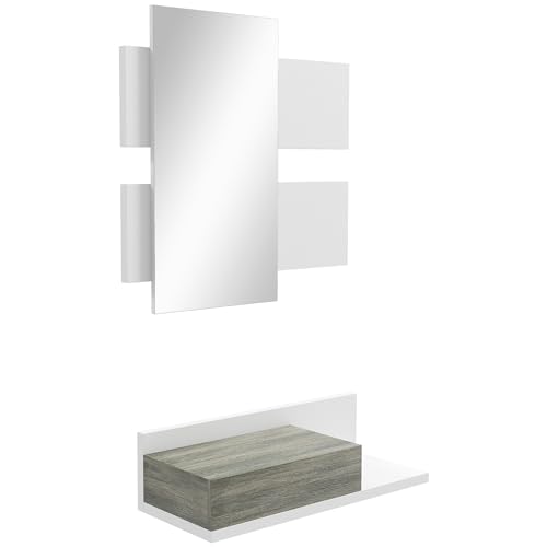 HOMCOM Juego de Muebles de Entrada Recibidor con Espejo y Cajón Recibidor Colgante para Pasillo Estilo Moderno 75x3,5x75 cm y 75x30,5x20 cm Blanco y Gris