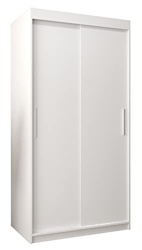 MEBLE KRYSPOL Tokyo 100 Schlafzimmerschrank mit Zwei Schiebetüren – moderner Aufbewahrungsschrank mit Kleiderstange und Regalen – 100x200x62cm - Mattweiß
