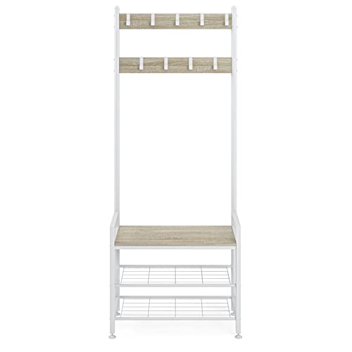 Ballucci Entryway Coat Rack With Shoe Bench, 3-In-1 Hall Tree And Shoe Rack Storage Shelf Organizer, Natural Wood Look With 9 Metal Hooks And Steel Frame - White #TOP7