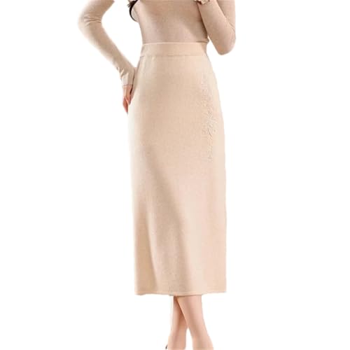 Women Winter Long Knitted Woolen Skirt Soft Fit Bodycon Half-Length Skirt Raw Fleece Rice M
