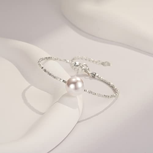 Fcotorotoc Pearl Bracelet For Women，White Pearl Bracelet With 925 Sterling Silver Chain, Jewelry Gift For Mom Wife Girlfriend #TOP4