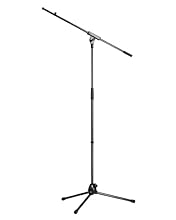 K&M's proprietary Swiss steel tubing Has a fixed length boom arm and zinc die-cast base with long folding legs for stability. Square swivel joint with large wing nut boom fastener.