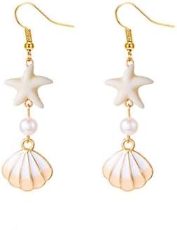 Shell Starfish Earrings Ocean Conch Shell Dangle Earrings for Women Summer Beach Pearl Seahell Tassel Drop Earring Vacation Jewelry Gift