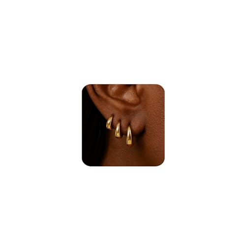 JUANKIKI 14K Gold Plated Hoop Earrings Set 3Pairs for Women Chunky Earring Hypoallergenic Small Huggie Hoops Lightweight Tiny Thick Trendy Hoop Earrings Stacks for Multiple Piercing - image 1