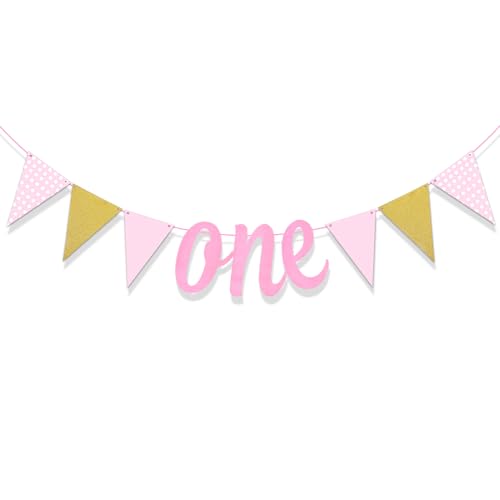 Image of Rozi Decoration Pink One Bunting Banner for First Birthday Parties Decorations, One Bunting Banner for 1st Birthday, Baby Girl Birthday Decoration Kit 1 Year Pack of 1 Set