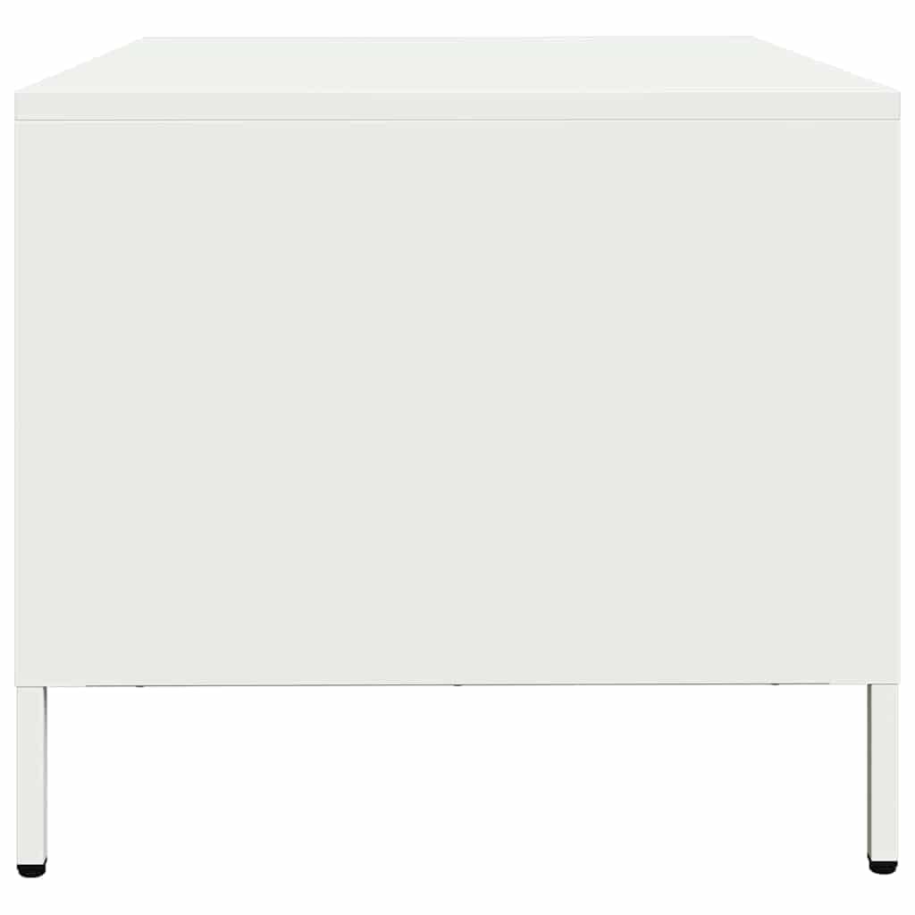Mesa de centro blanca 68,5 × 50 × 43,5 cm, acero frío, altura regulable, 1 cajón y estante, pequeña mesa auxiliar