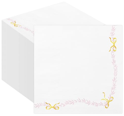 50 Pack Bow Paper Napkins Gold Foil Bachelorette Decorations Pink Bow Theme Birthday Party, Bridal Engagement Decor, Girl Baby Shower Table Supplies ，6.5"*6.5"