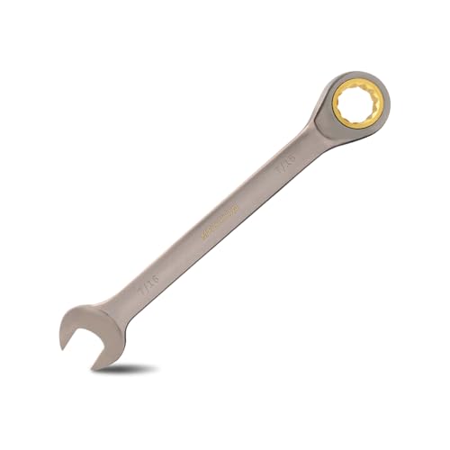Image of Meccion Combination Wrench 7 /16 Inch SAE Open End Ratcheting Wrench - Industrial Grade Gear Spanner with Grey Nickle Plated