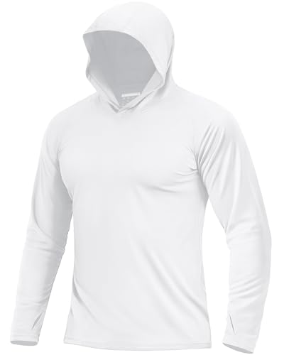 Boladeci Mens Rash Guard Long Sleeve Sun Protection Shirts with Hood UPF Hoodie Lightweight Quick Dry Fit Summer SPF Fishing Gear White XL