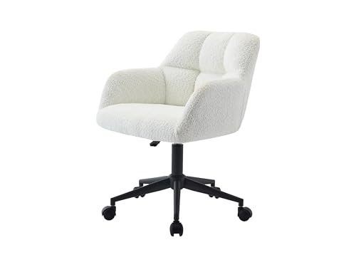 Image of Finch Fox Battle Modern 360 Swivel Mid-Back Armrest Boucle Fabric Study Upholstered Black Metal Powder Coated Base Study Computer Office Desk Chair in White Color