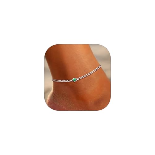 SILVERCUTE May Birthstone Ankle Bracelet 925 Sterling Silver 3mm Figaro Chain Anklets for Women, 8.5