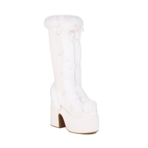 Image of Women's Cozy Faux Fur Knee High Boots Lace Up Platform Block Heels Warm Plush Lining Durable Non Slip Outsole Stylish Winter Casual Dress Boots,White,6 UK
