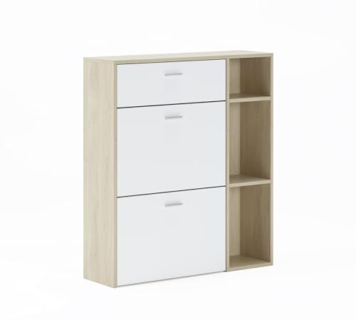 Skraut Home - Armario Zapatero - 102 x 90 x 26 cm - Capacidad para 12 Pares de Zapatos - 2 Puertas Basculantes + 1 Cajón - Modelo Wind - Acabado Roble/Blanco