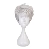 Peluca de cosplay de anime de Wig Anime Twisted-Wonderland Cosplay, pelucas sintéticas cortas grises, corte rizado corto para juegos de rol Kalim Al Asim, pelucas de Halloween con gorro de peluca