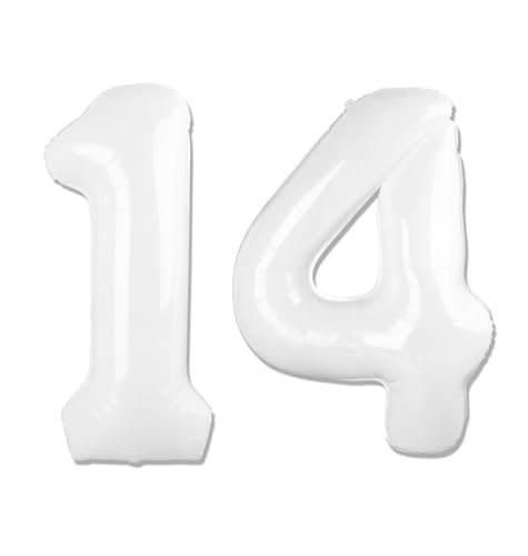 Image of White Number 14 Balloon 40 inch, 14 Number Balloons, 14th White Birthday Decorations 14 Year Old Party Supplies