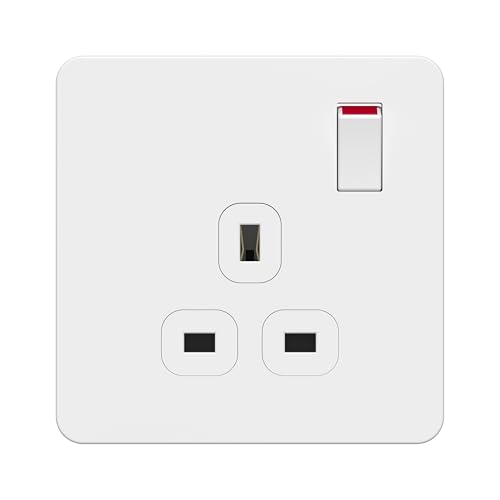 LIDER 1-Gang Switched 13A Socket Double-Pole Plug Socket with Control Switches Child-Proof Shutter Screwless Plastic Plate Cover UKCA Certified Thermoplastic Glossy Finish White