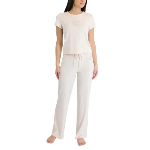 Image of Juicy Couture Women's 2 Piece Velvet Fleece Short Sleeve Shirt and Pants Lounge Sleepwear Set