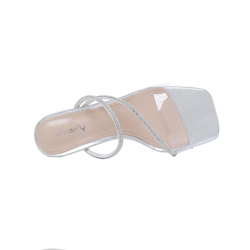Image of vivianly Womens Square Toe Clear Rhinestone Strappy Heeled Sandals Transparent Block High Heels Slides Slipper Wedding Dress