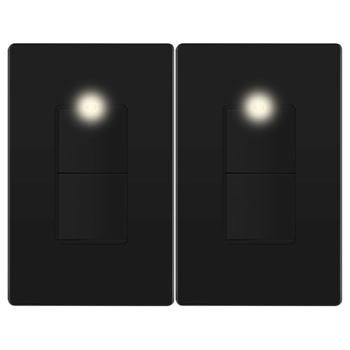 Image of LIDER Lighted Double Switch with Screwless Wall Plate, Combination Frameless Decorator Switch with Locator Light, Ground Terminal Single Pole, 15A 120V, UL Listed, Thermoplastic, Matte Black, 2-Pack