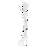 Gummisohle AGAATI Sexy Damen-Oberschenkelhohe Stiefel aus Lackleder, modische Gürtelschnalle, Nachtclub-Modellstange, Plateau-High-Heels, 17 cm hohe Absätze, Overknee-Stiefel mit Schnürung (Weiß 42)
