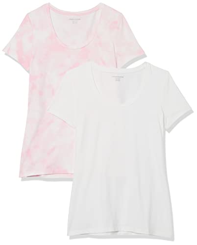 Amazon Essentials T-Shirt Col Rond à Manches Courtes, Coupe Classique (Disponible en Grande Taille) Femme, Lot de 2, Blanc/Rose Tie-dye, L