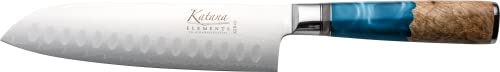 Katana Saya Elements 18cm Santoku Knife, Ocean Blue, 67-Layer VG-10 Damascus Stainless Steel, Natural Olivewood and Resin Handle