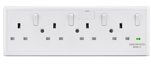 SHPELEC 1 to 4 Gang Socket Converter Converts Single or Double 1G 2G Wall Socket to 4 Way 13A Fused & Surge Protected Easy Install White Faceplate BS1363 (1)