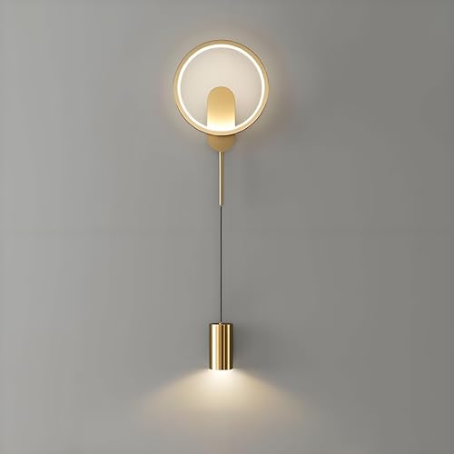 AoLa Moderna LED Aplique de Pared para Nteriores Lámpara de Pared Ajustable de Brazo Largo Pantalla Acrílica Redonda 2 Flame 24 W Luz de Pared Colgante Foco 3000K-6000K Lámpara de Cabecera, Dorado