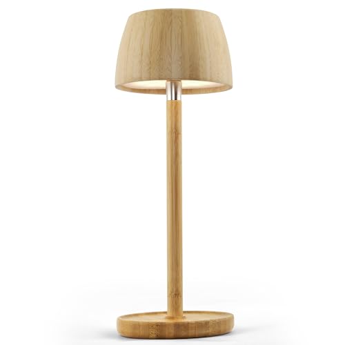 LuminexDesigns Lampe de Table LED Sans Fil en Bambou Rechargeable–Lampe de Chevet Tactile Dimmable,Style Scandinave Bohème,Étanche,Lumière d’Ambiance...